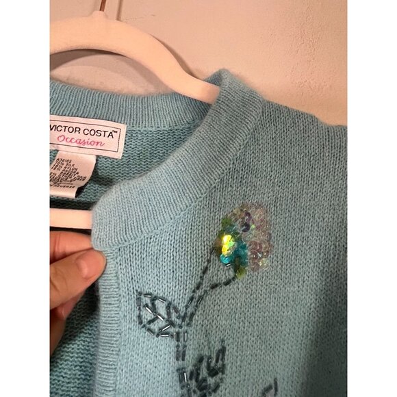 Vintage Silk Floral Sequin Cardigan 1X Blue Rabbit Hair Knit Embellished Chic - Picture 9 of 14